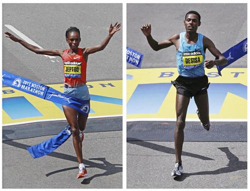 Rita Jeptoo, of Kenya, left, and Lelisa Desisa, of Ethiopia, right, crossing the finish line at the 2013 Boston Marathon