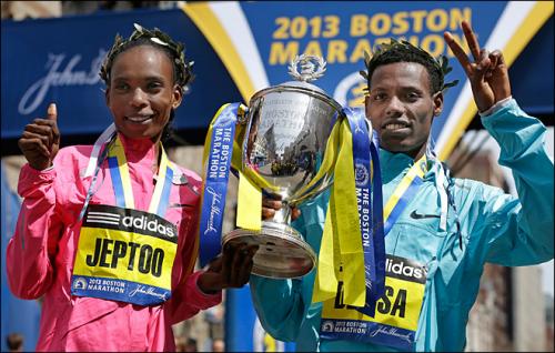 Rita Jeptoo of Kenya, Lelisa Desisa of Ethiopia, winners of the women's and men's divisions of the 2013 Boston Marathon