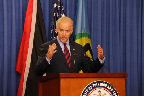 Vice President Joe Biden addressing the press in Trinidad and Tobago